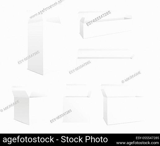 Open realistic box. White carton opening boxes. Blank cosmetic pack and container mockup. Isolated blank medicine or gift package vector set
