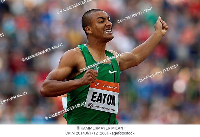 Athletes Ashton Eaton of USA placed third in the men's 400m race at the Golden Spike 2014, IAAF World Challenge athletics meeting in Ostrava, Czech Republic