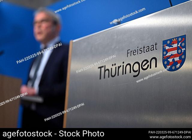 25 March 2022, Thuringia, Erfurt: Georg Maier (SPD), Minister of the Interior of Thuringia, presents the police crime statistics of the year 2021 in a press...