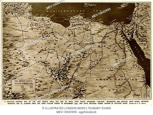 The war in North Africa: a strategic contour map of the desert arena during the Second World War. Conflict began there in September 1940