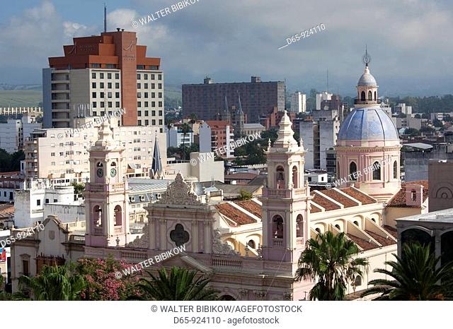 Argentina, Salta Province, Salta, Plaza 9 de Julio and Cathedral, aerial, daytime