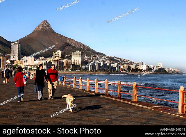 People walking with their dog along the Sea Point promenade in Cape Town, Western Cape, South Africa. They come to breed and calve within the coastal waters and...