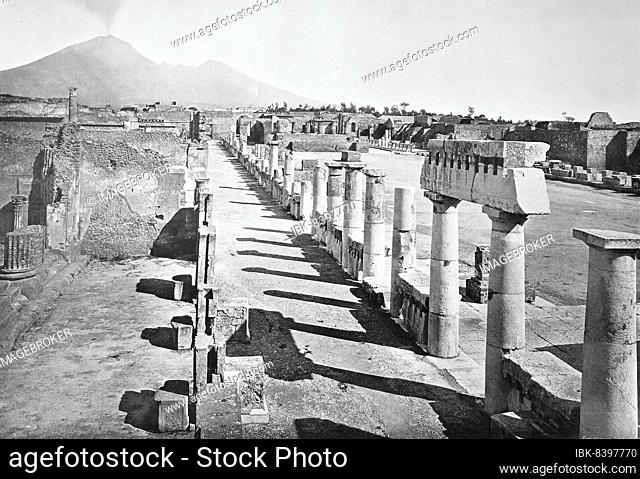 Historic photo (ca 1880) of Pompeii, The Forum with Vesuvius in the distance, Italy, Historic, digitally restored reproduction of a 19th century original