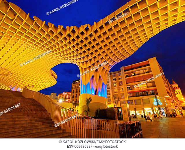 Night view of Metropol Parasol on La Encarnacion Square in Seville, Andalusia, Spain