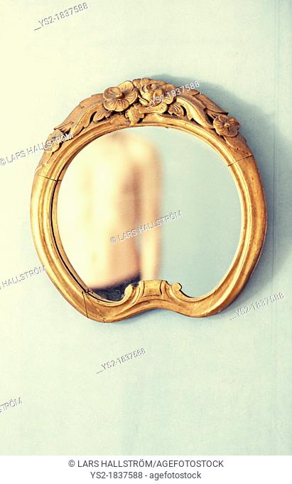 Shirtless adult male reflected in antique mirror hanging on wall