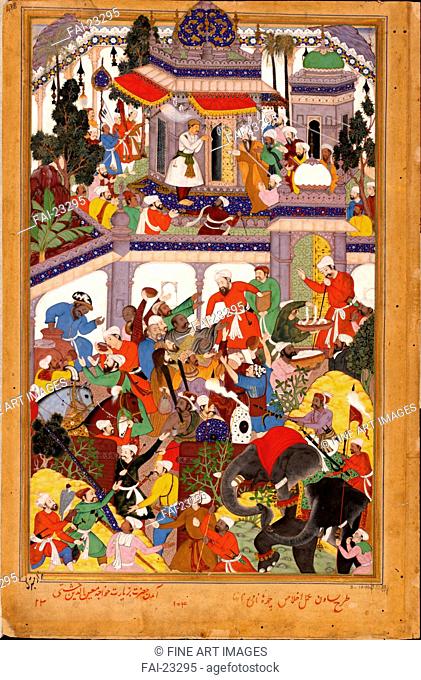 Akbar visits the shrine of Khwajah Mu'in ad-Din Chishti at Ajmer. Basawan (active 1580-1600). Watercolour, gouache, gold und white colours on paper