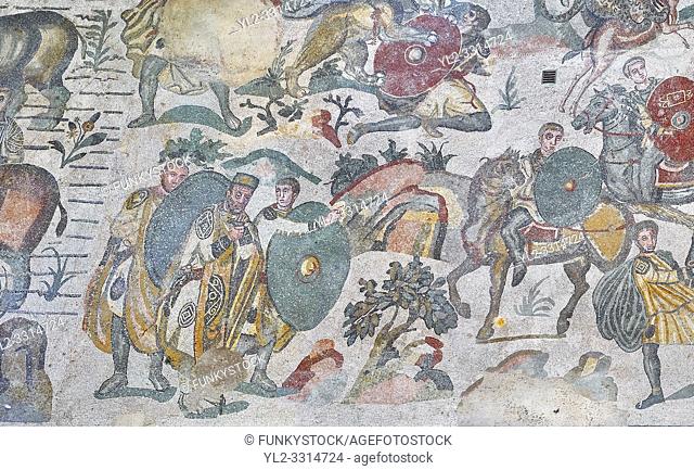 Ambulatory of the Great Hunt Roman mosaic, Emperor Maximianus watches the animal hunt, room no 28, at the Villa Romana del Casale