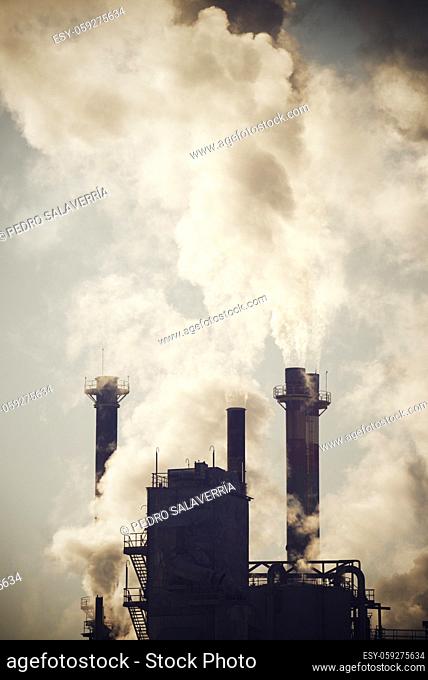 Smokestacks in a paper mill, Zaragoza Province, Spain