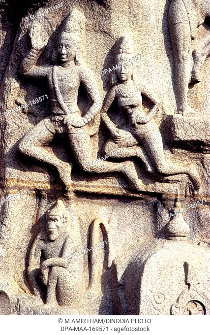 God and goddesses carved on arjunas penance in Mahabalipuram Mamallapuram , Tamil Nadu , India