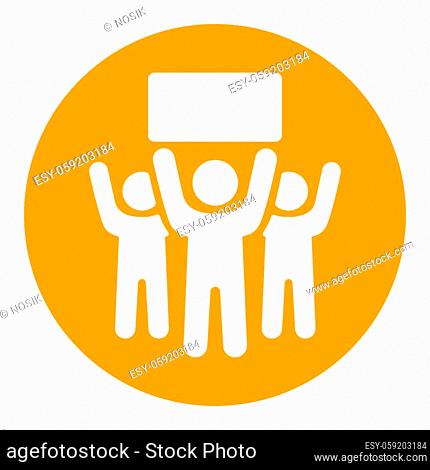 Crowd of people standing and holding in raised hands sign, banner, card vector white glyph icon. Demonstration, protest, strike, revolution