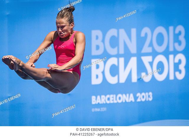 Tina Punzel of Germany in action during the women's 1m Springboard diving final of the 15th FINA Swimming World Championships at Montjuic Municipal Pool in...