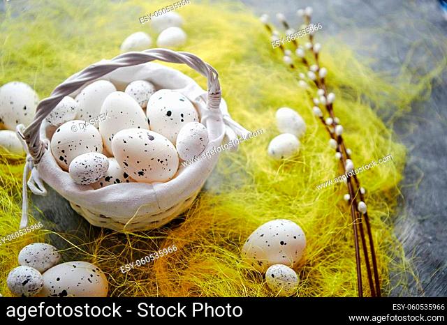 Easter white dotted Eggs in the nest and spring yellow grass on stone table background