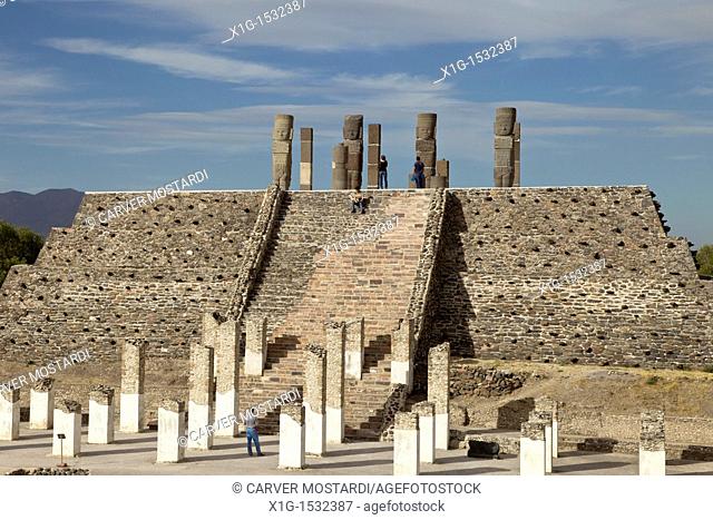 Columns and Atlantes Figures with the Temple of the Morning Star in the ancient Toltec city of Tula or Tollan in central Mexico