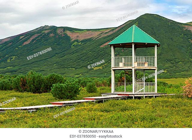 Observation deck at the Uzon Caldera. Kronotsky Nature Reserve on Kamchatka Peninsula