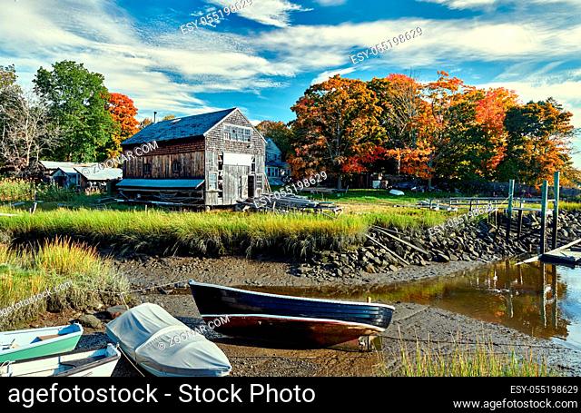 Fall in Essex, Massachusetts, USA. Autumn scene at old wharf