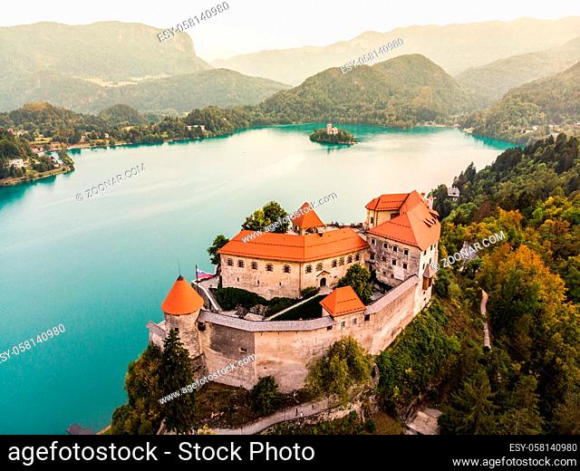 Aerial view of Lake Bled and the castle of Bled, Slovenia, Europe. Aerial drone photography