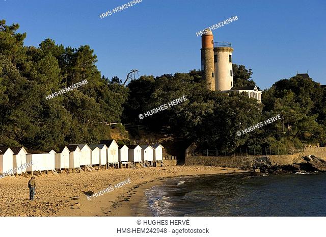 France, Vendee, Ile de Noirmoutier, Bois de la Chaise, l'Anse Rouge Beach and the Tour Plantier tower