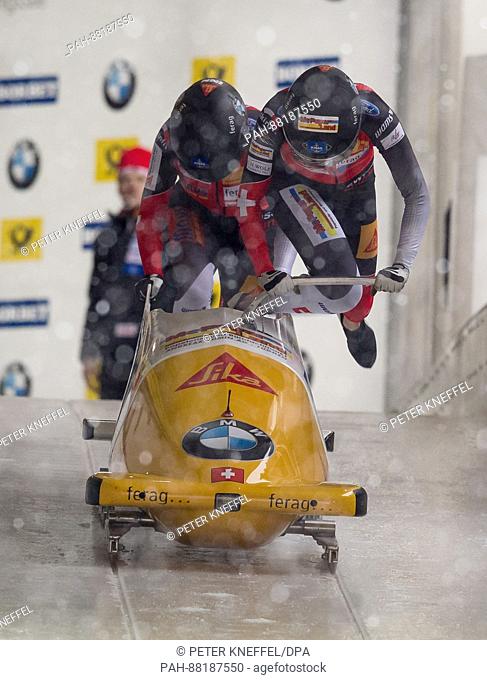 Bobsleigh athletes Martina Fonanive (front ) and Rahel Rebsamen start during the 1st run of the FIBT World Championship 2017 in Schoenau am Koenigssee, Germany