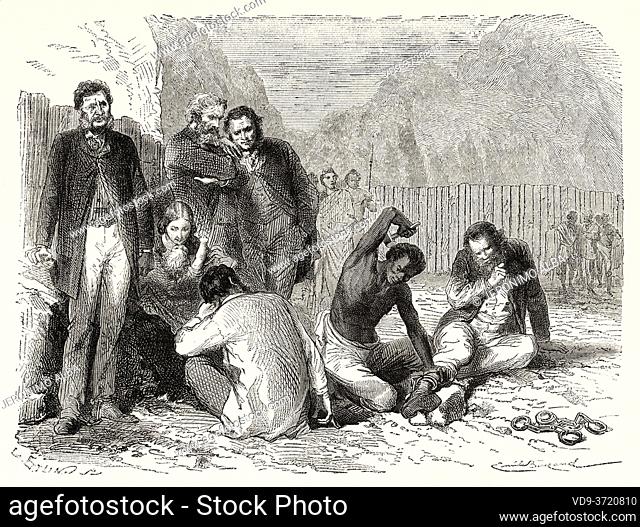Hormuzd Rassam and members of his mission being put in chains after being taken prisoner by Tewodros II in Abyssinia, Ethiopia