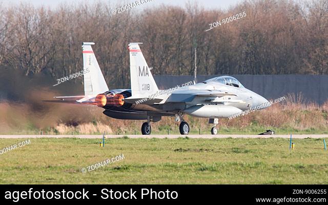 LEEUWARDEN, NETHERLANDS - APRIL 11, 2016: US Air Force F-15 Eagle takking off during the exercise Frisian Flag. The exercise is considered one of the most...