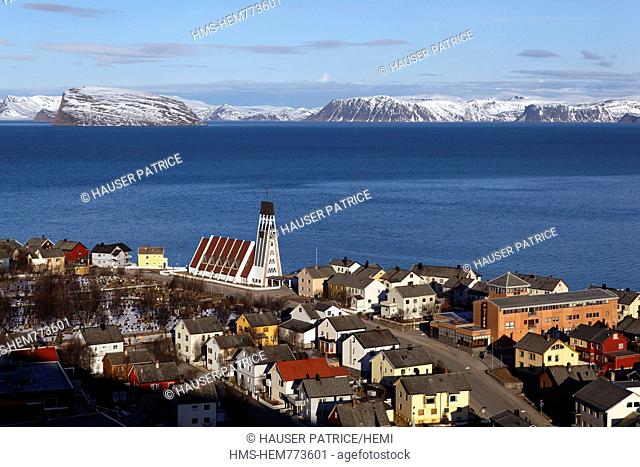 Norway, Lapland, County of Finnmark, Hammerfest and its church, panoramic view from the hill of Salen