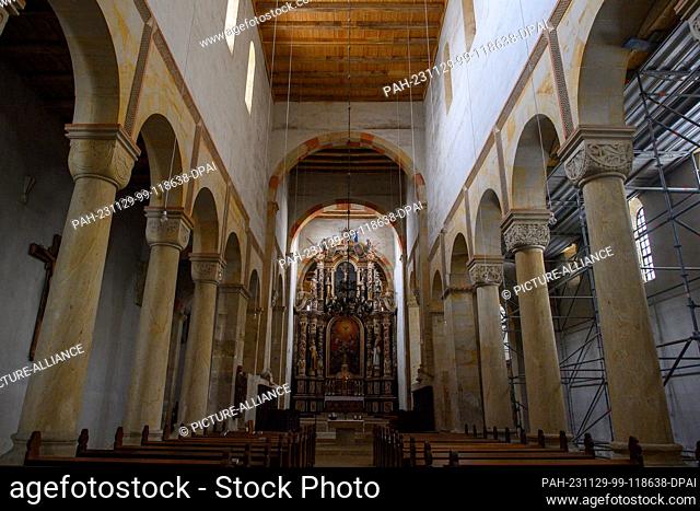 29 November 2023, Saxony-Anhalt, Hamersleben: The nave of the collegiate church of St. Pankratius. The sacred building was once the collegiate church of the...