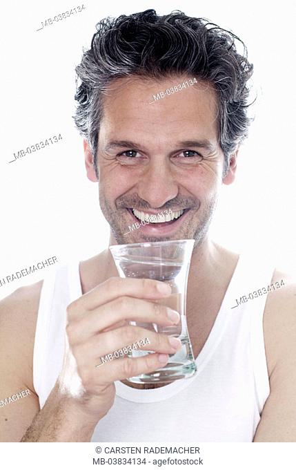 Man, tumbler, holding, laughing,  Portrait,   Series, 30-40 years, grau-meliert, Dreitagebart, gaze camera glass water mineral water drinks, thirst