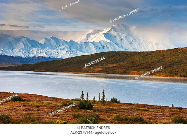 Morning light and clouds over Mt. McKinley (Denali) and Wonder Lake, Denali National Park and Preserve, Interior Alaska