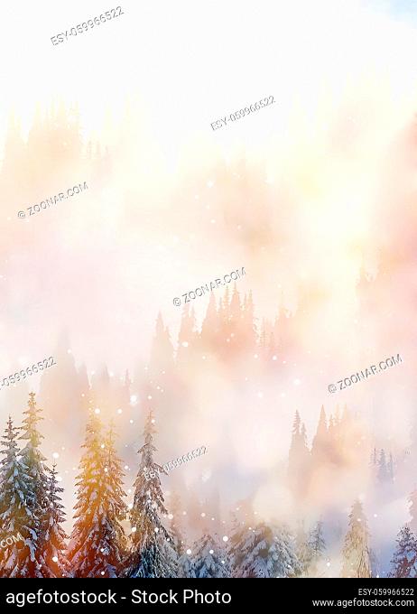 mountain snowy landscape and snow covered trees, graphic effect