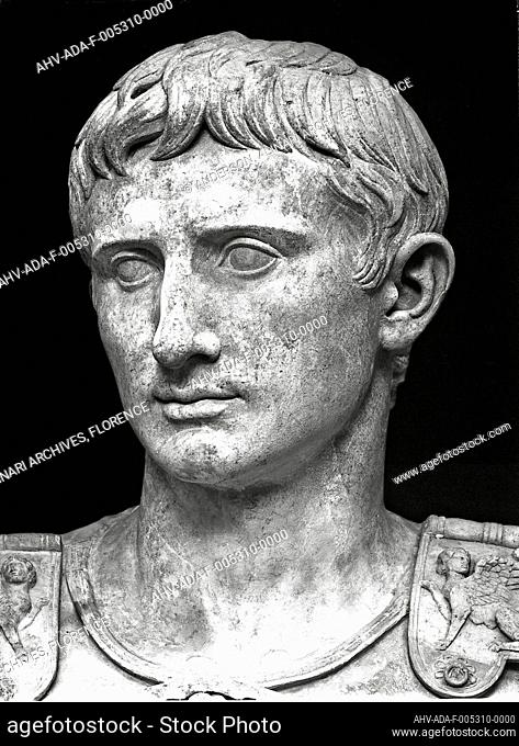 Augustus Gaius Julius Caesar Octavianus. Head of Augustus of Prima Porta: work preserved in the New Wing of the Vatican Museums, Vatican City. 8 a.C