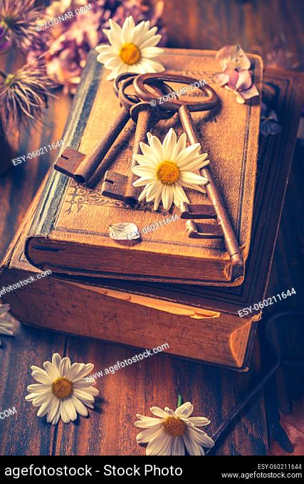 Key to knowledge concept. Old keys on a vintage book with flowers on wooden background