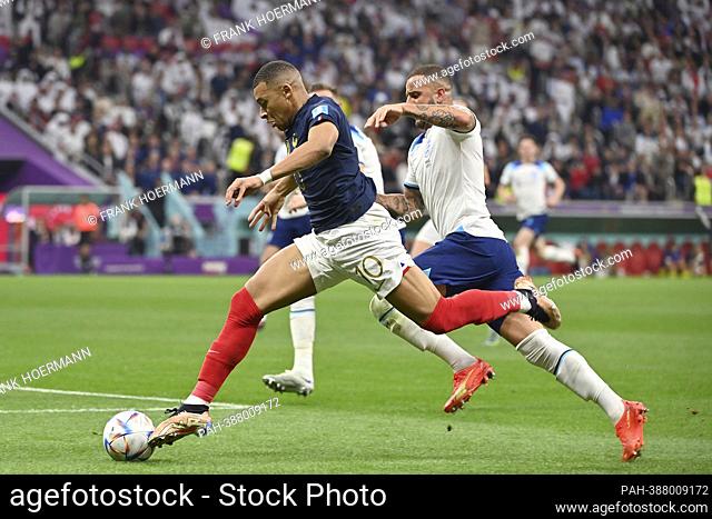 Kylian MBAPPE (FRA), action, duels versus Kyle WALKER (ENG). Quarter finals, quarter finals, game 59, England (ENG) - France (FRA) 1-2 on December 10th, 2022