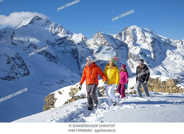Pontresina, tour, Diavolezza, Saas Queder, Berninamassiv, mountain, mountains, glacier, ice, moraine, snow, tracks, traces, footpath, couples, man, group, woman