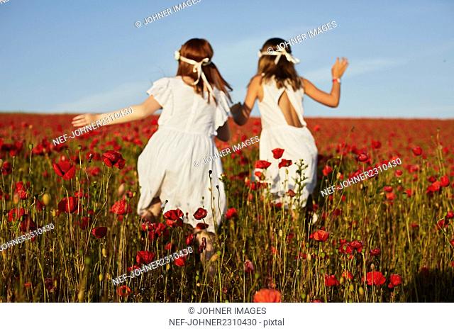 Girls running in poppy meadow