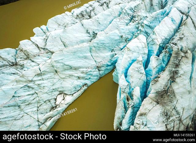 aerial drone view of glacier formations valley