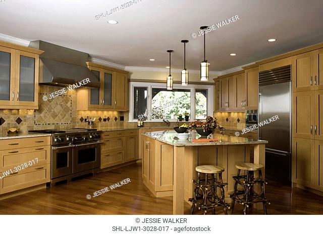 KITCHEN: contemporary mixed with Arts and Crafts, casual , twig stools at a large center island, Craftsman style pendant lighting