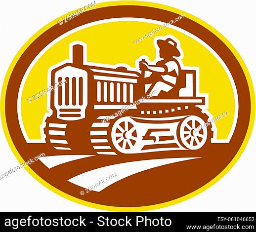 Illlustration of a farmer worker drive driving a vintage tractor plowing farm field set inside oval shape done in retro woodcut style on isolated background