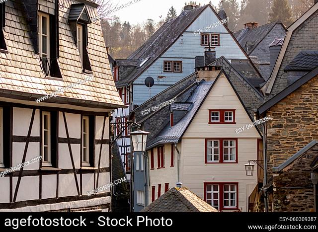 City view of Monschau, Germany with house facades in different materials
