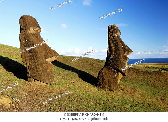 Chile, Easter Island Rapa Nui, site listed as World Heritage by UNESCO, quarries of Moai statues on the flanks of Rano Raraku Volcano