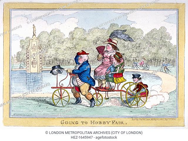 'Going to Hobby Fair', 1835. A lake in a park, with citizens disporting themselves on hobby horses on the banks. In the foreground a stout figure