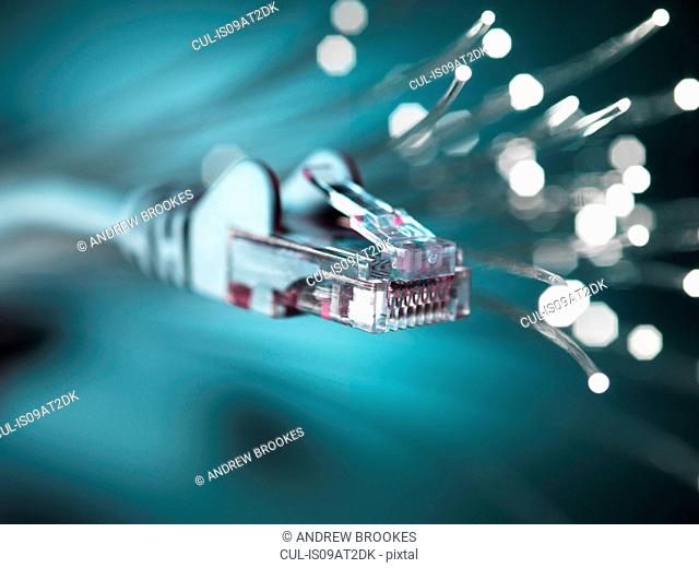 Internet network connector with fibre optics, close-up