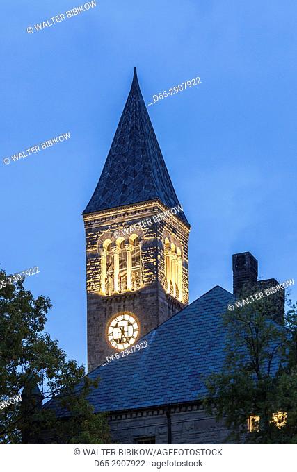 USA, New York, Finger Lakes Region, Ithaca, Cornell University, McGraw Tower, dusk