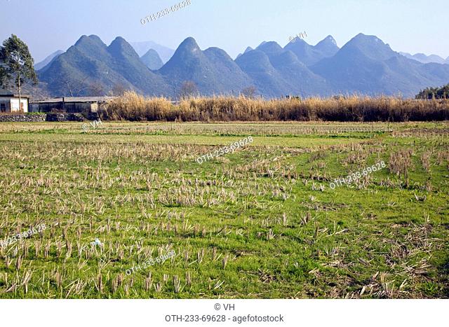 Stone peaks and meadow at Qigong town, Yanshan County, Guangdong, China