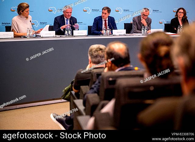 Interior Minister Annelies Verlinden, OECD Secretary-General Mathias Cormann, Prime Minister Alexander De Croo, Vice-prime minister and Public Health and Social...