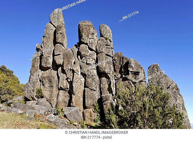 Rock formation called Homem em Pe (stony human) on the Achada do Teixeira, Madeira, Portugal