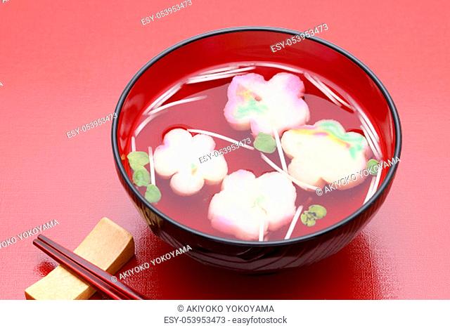 Japanese food, Osuimono soup of fu and vegetables in a bowl