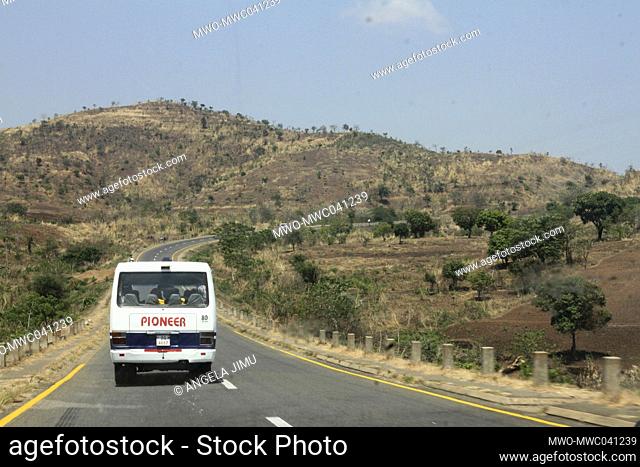 A minibus is seen on the main highway from Salima to Lilongwe. Malawi