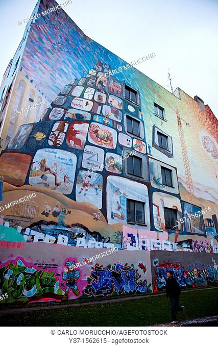 Mural on the Tommy Weisbecker haus community center facade, Kreuzberg, Berlin, Germany, Europe
