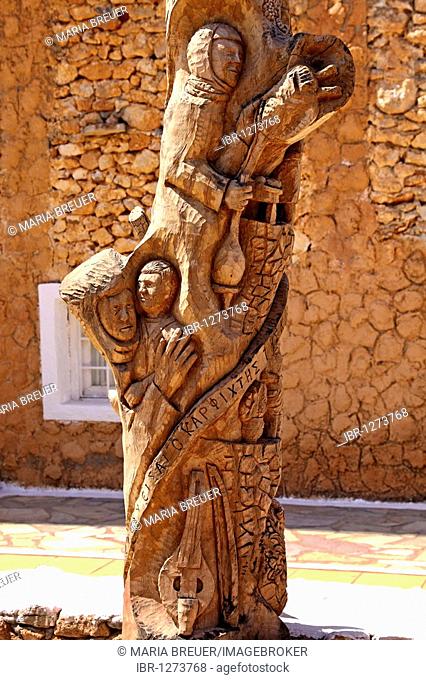 Wood sculpture, Lychnostatis open-air museum, museum of local history, museum of traditional Cretan life, Hersonissos, Crete, Greece, Europe