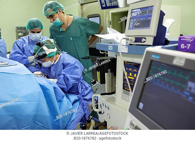 Tonsillectomy, Surgeons performing a tonsillectomy tonsil removal surgery, ORL, Otolaryngology Operating Room, Hospital Donostia, San Sebastian, Gipuzkoa